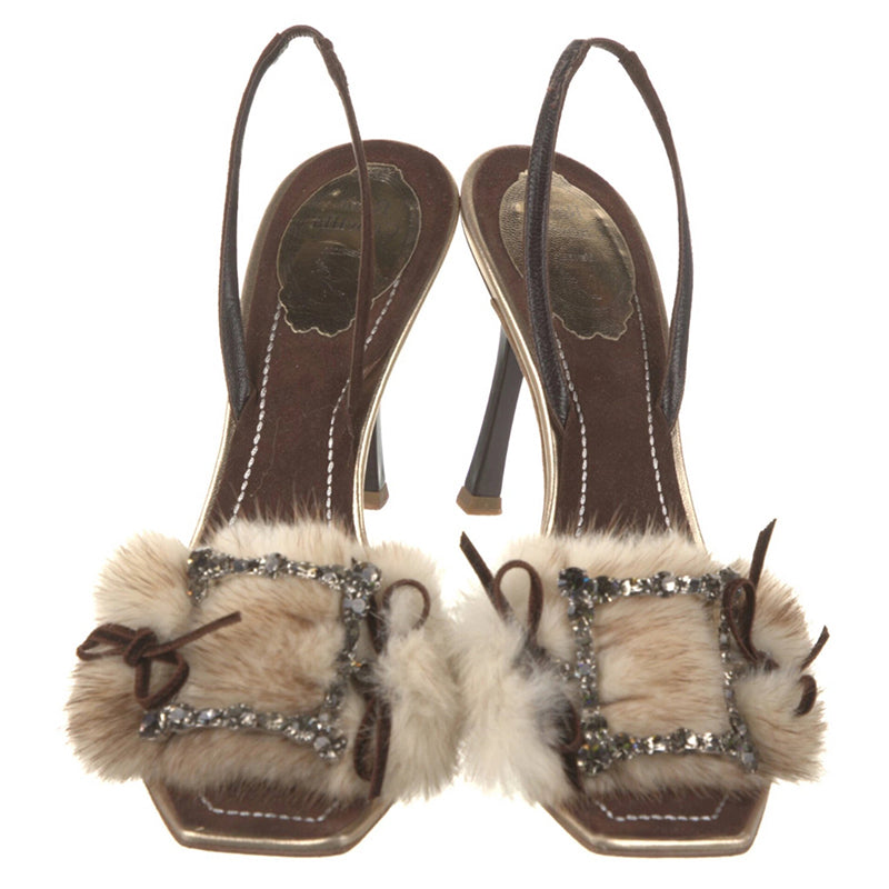 Open toe stiletto fur rhinestone high heel sandals