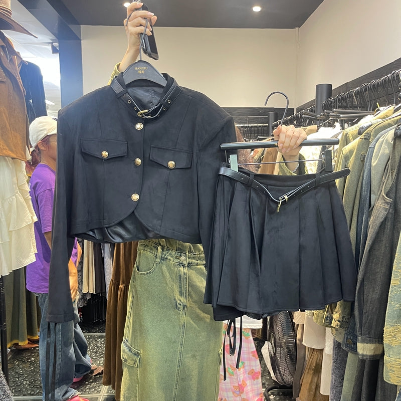 C.Stand collar jacket and pleated skirt two piece set