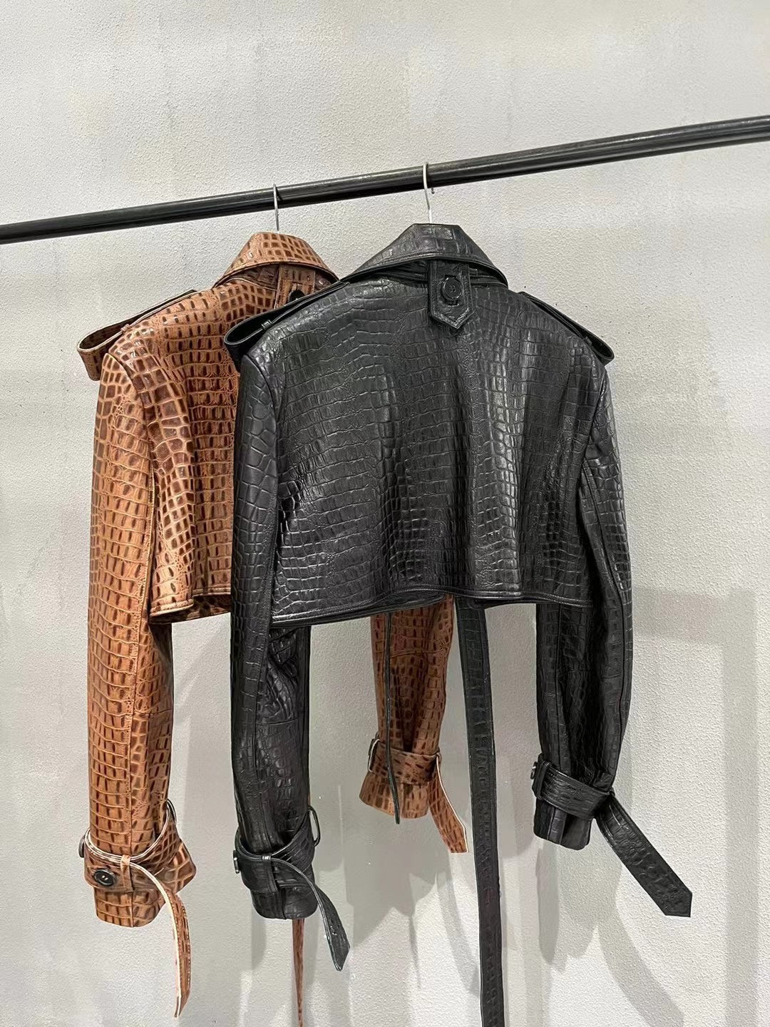 Crocodile print sheepskin leather biker jacket