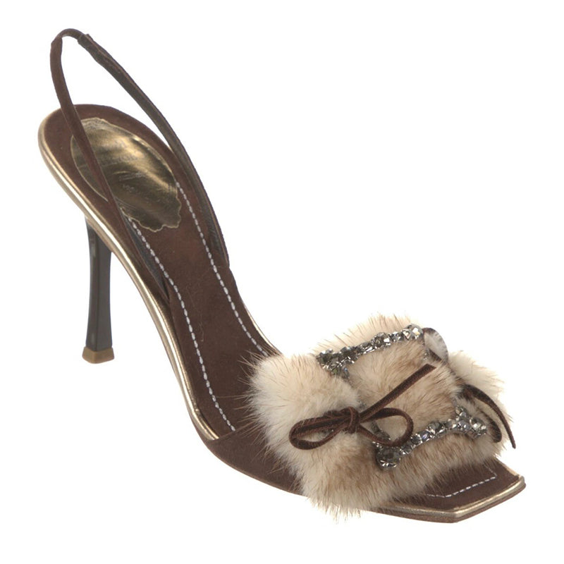 Open toe stiletto fur rhinestone high heel sandals