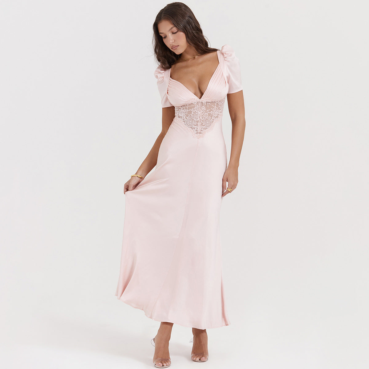 Puff-sleeved lace paneled waistless pink dress