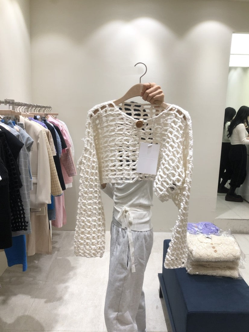 Cropped long-sleeved openwork knitted cardigan