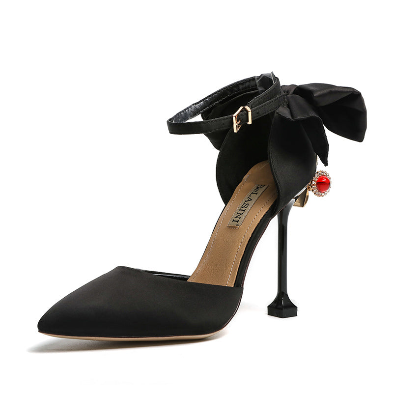 One-button butterfly rhinestone satin wedding shoes