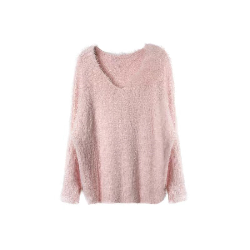 V-neck mink velvet sweater lazy loose pullover top