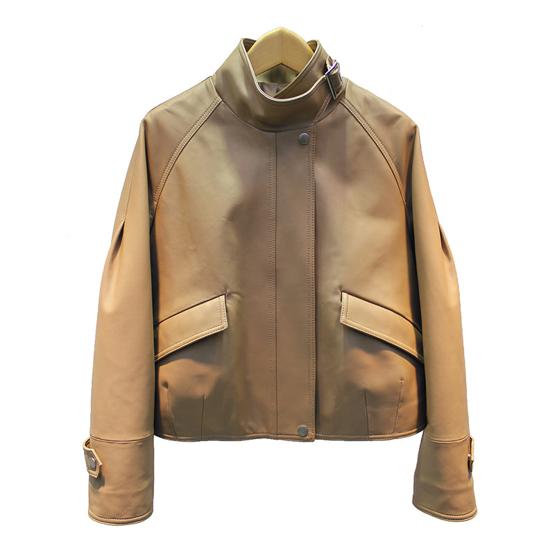 Sheepskin leather jacket with stand collar