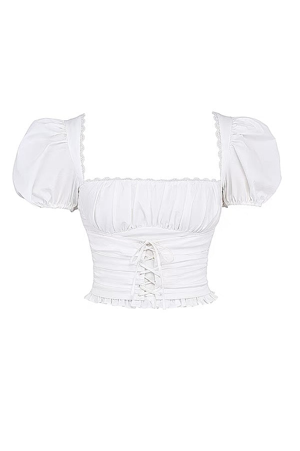 Square neck, puff sleeves, navel-baring waist, backless short sleeves