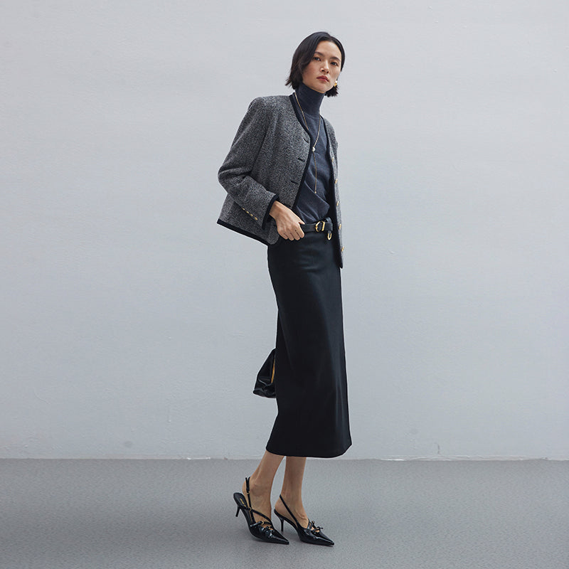 Straight stretch knitted wool pencil skirt with high fine count Australian wool
