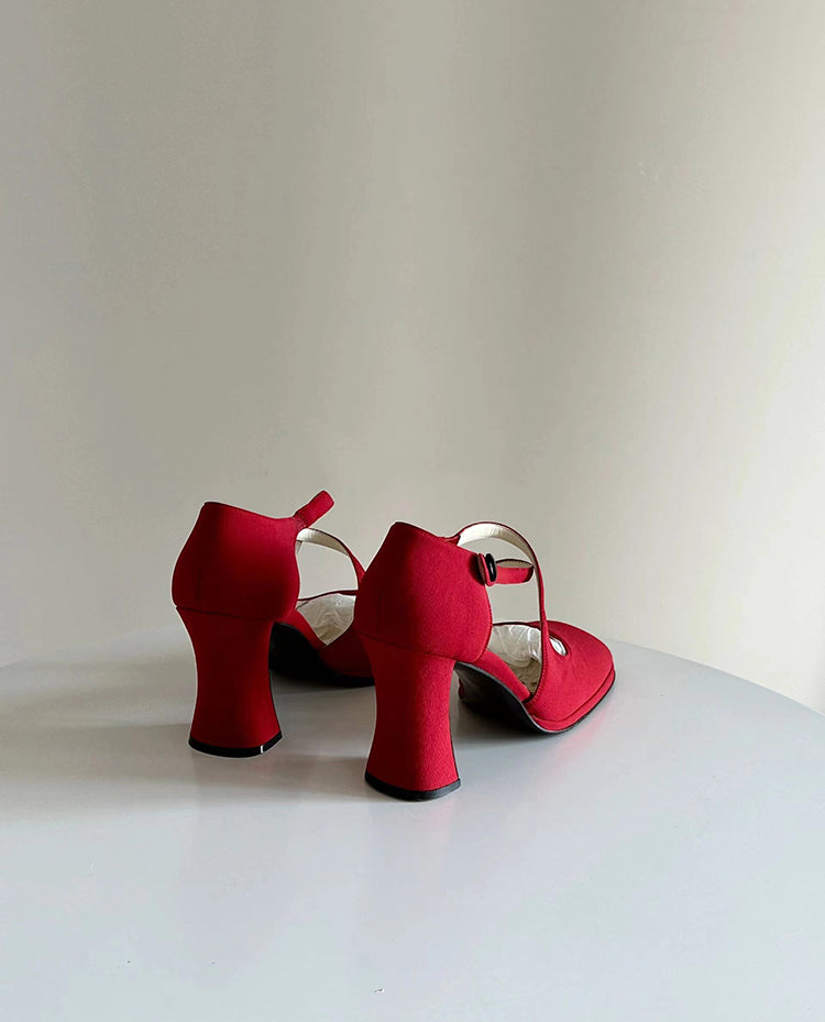 Red round toe cross-strap Roman high heels