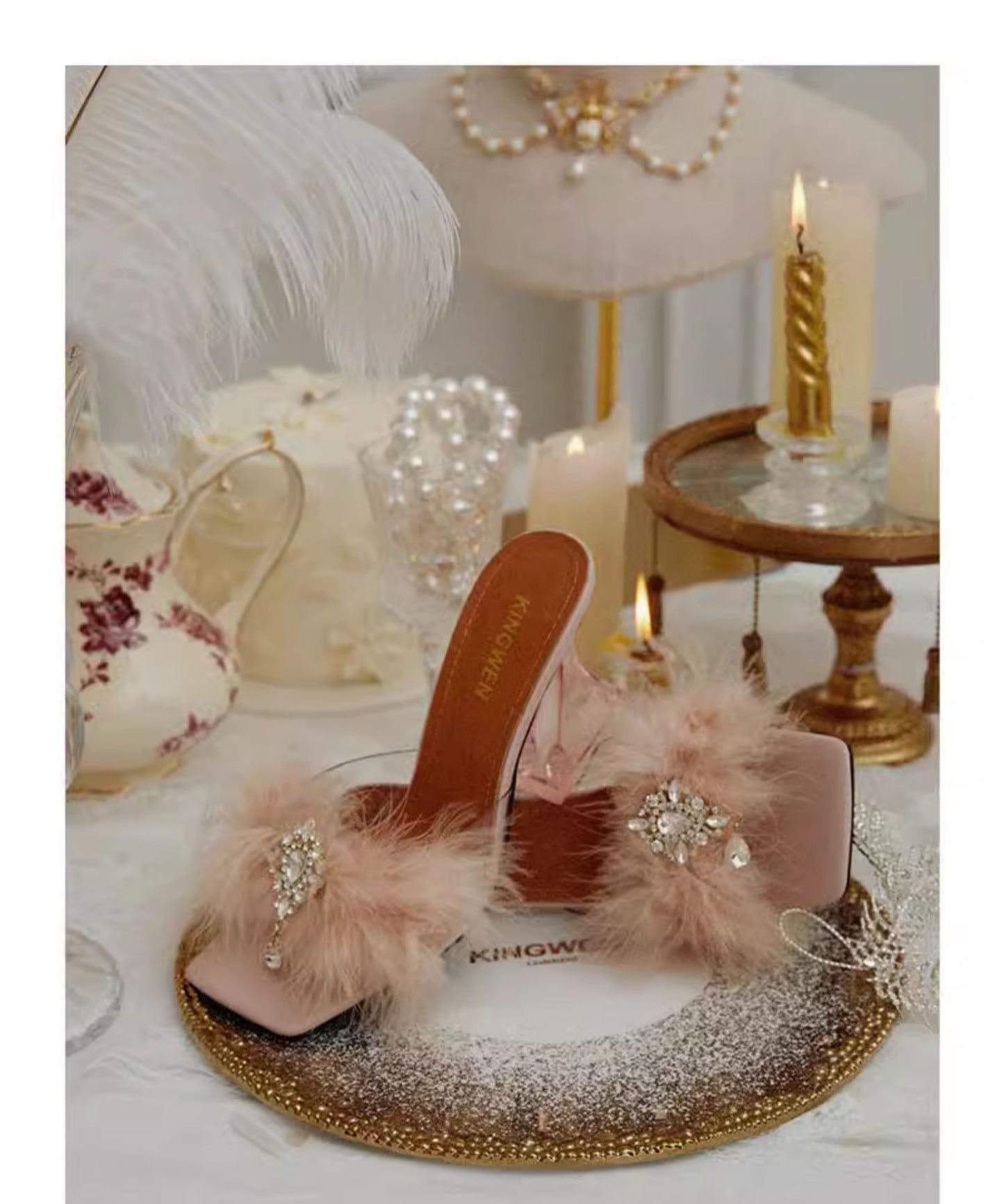 Rhinestone fur high heels slippers sandals