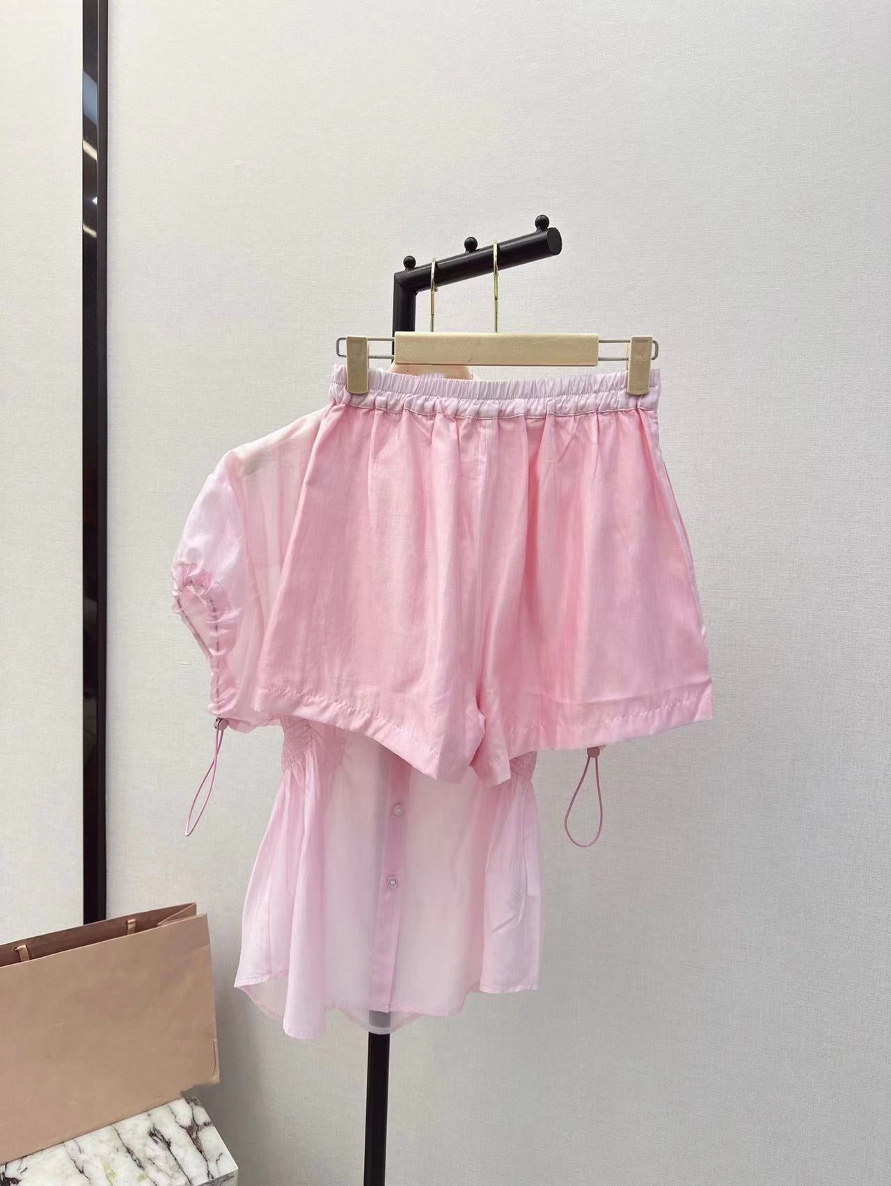 Girly style letter embroidered lapel short-sleeved sun protection shirt and shorts suit