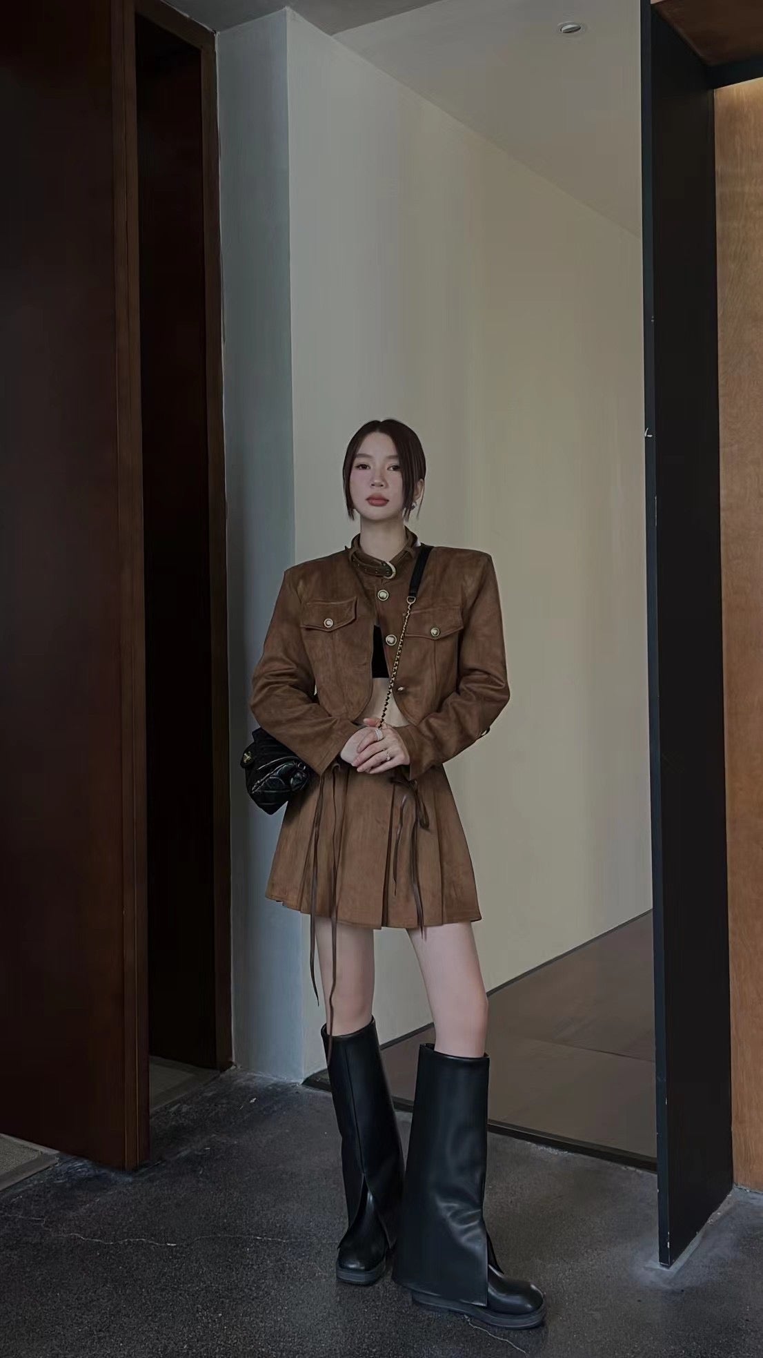 C.Stand collar jacket and pleated skirt two piece set
