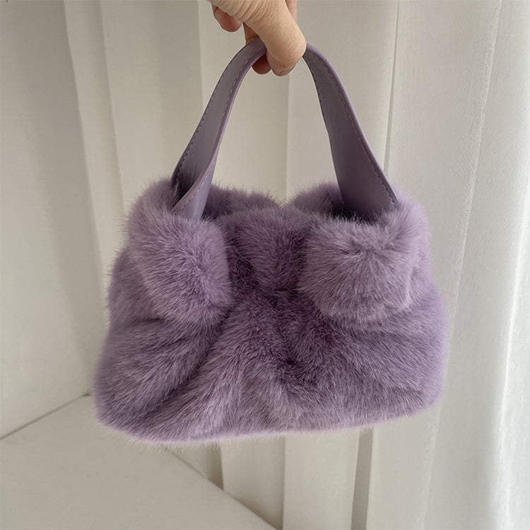 Pleated Faux Rabbit Fur Crossbody Bag
