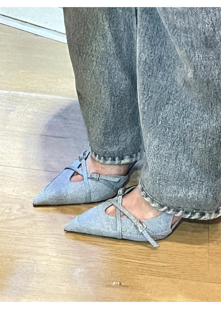 Blue temperament French pointed toe high-heeled mules