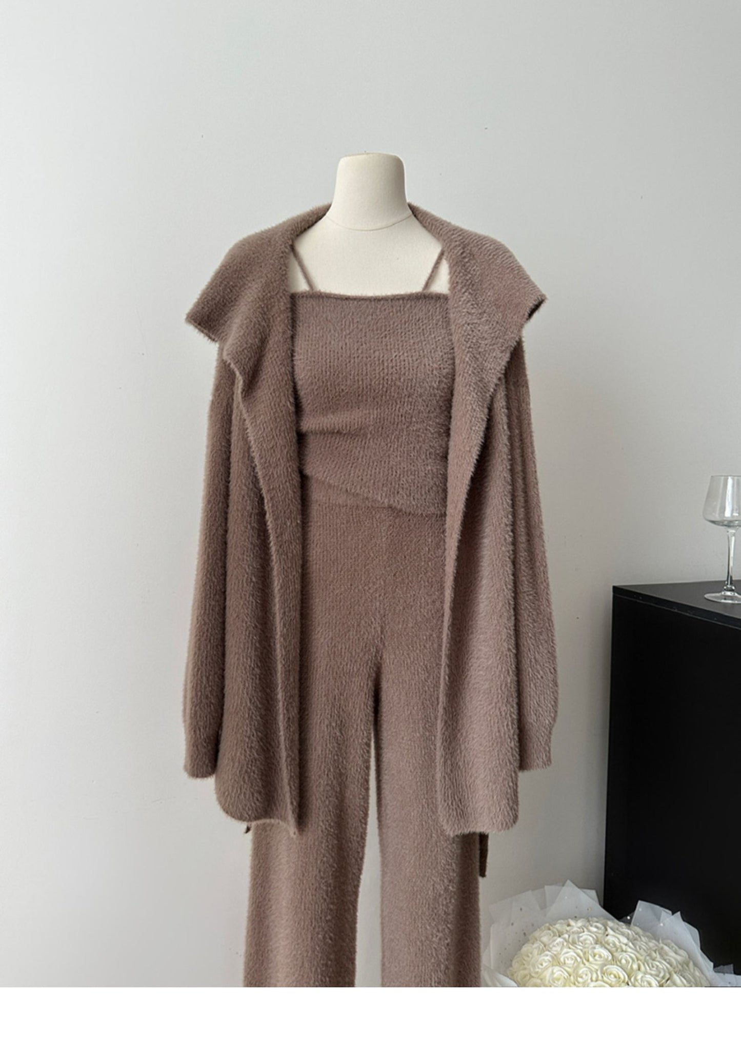 Faux Mink Jacket Vest Wide-Leg Pants Knitted Three-Piece Set