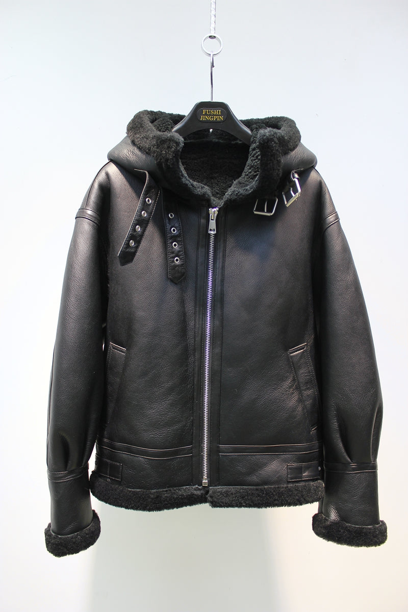 Lmported sheepskin one-piece Korean style hooded flight suit jacket