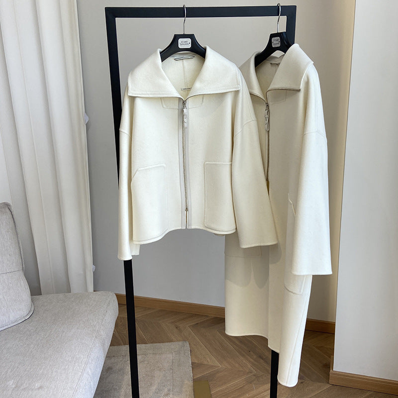 Double-faced cashmere short zip-up coat