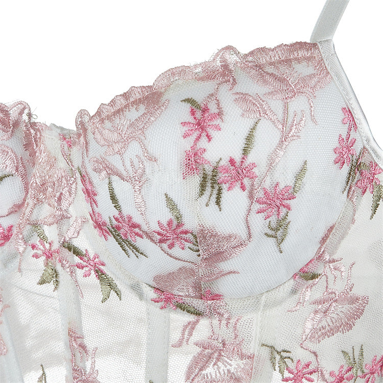 Embroidered flower mesh fishbone camisole