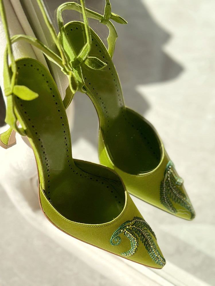 Rhinestone embroidered pointed toe strappy high heels