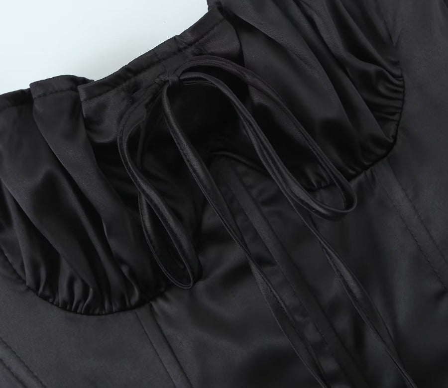 European and American black satin pleated fishbone slim-fitting high-end top