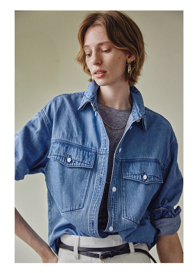 Light washed linen peak collar denim shirt