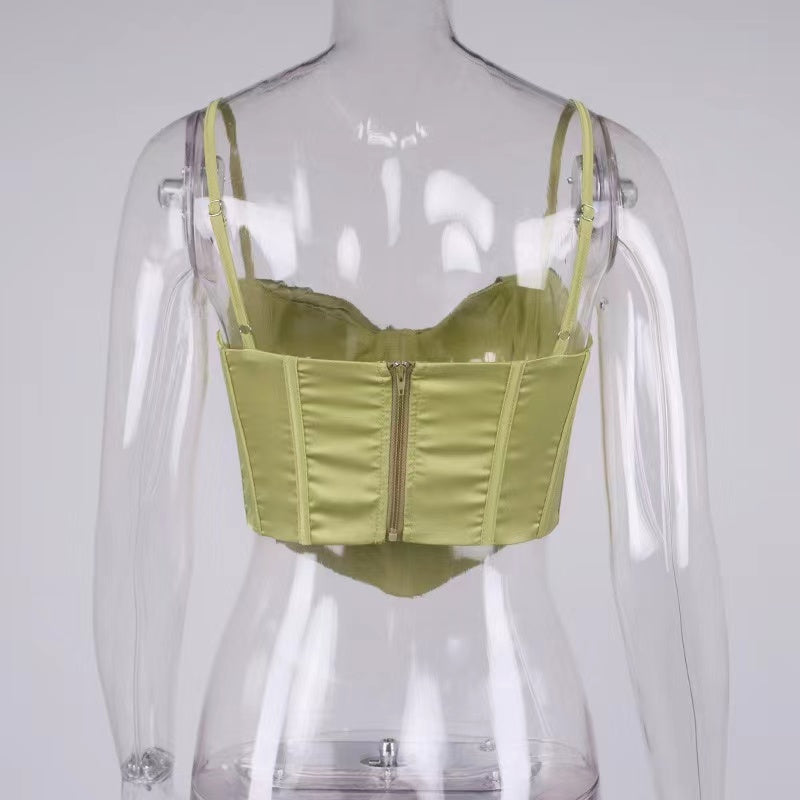 Satin herringbone corset top with pleated design