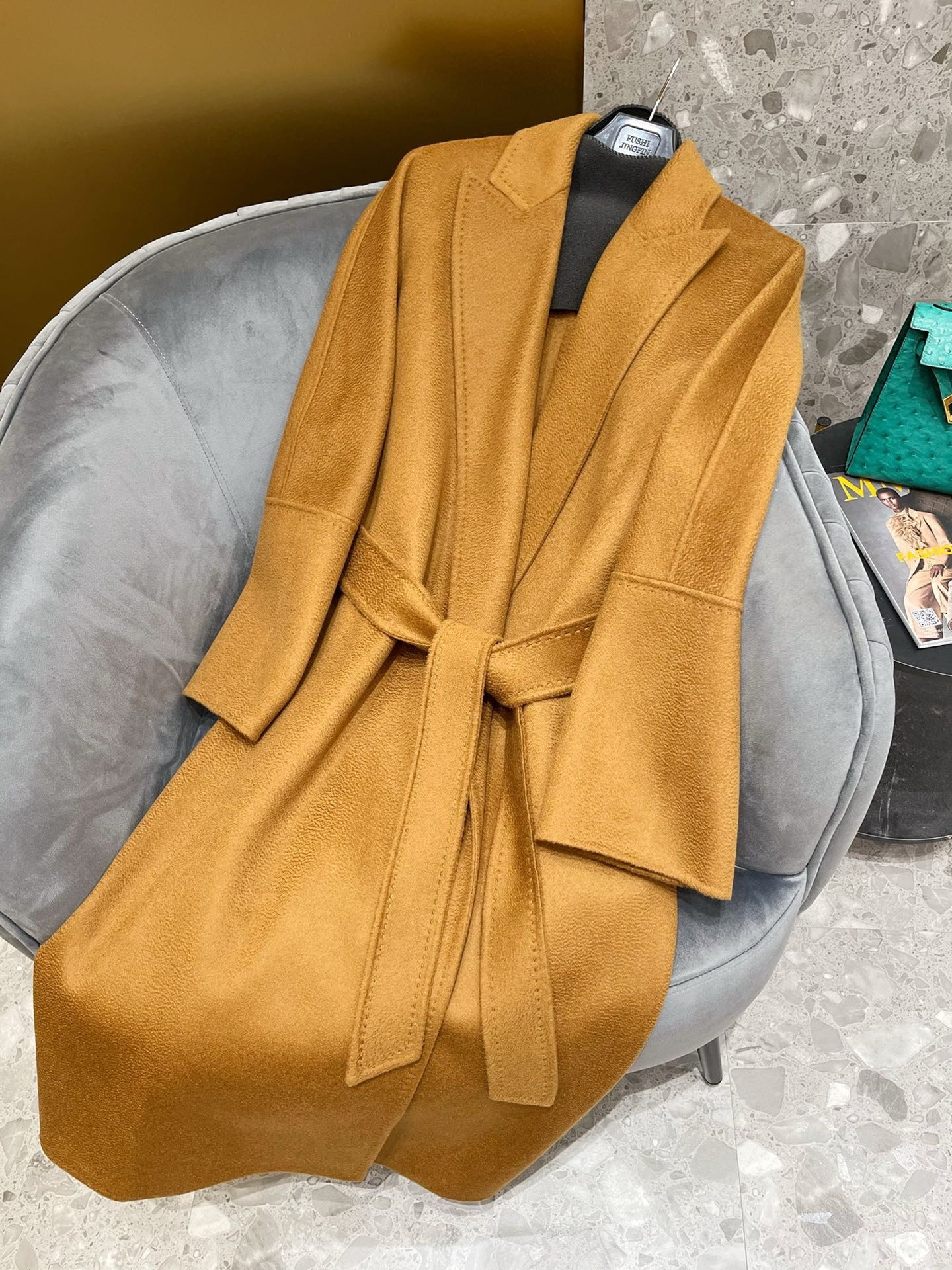 Double-faced water ripple cashmere bathrobe-style wool lace-up coat