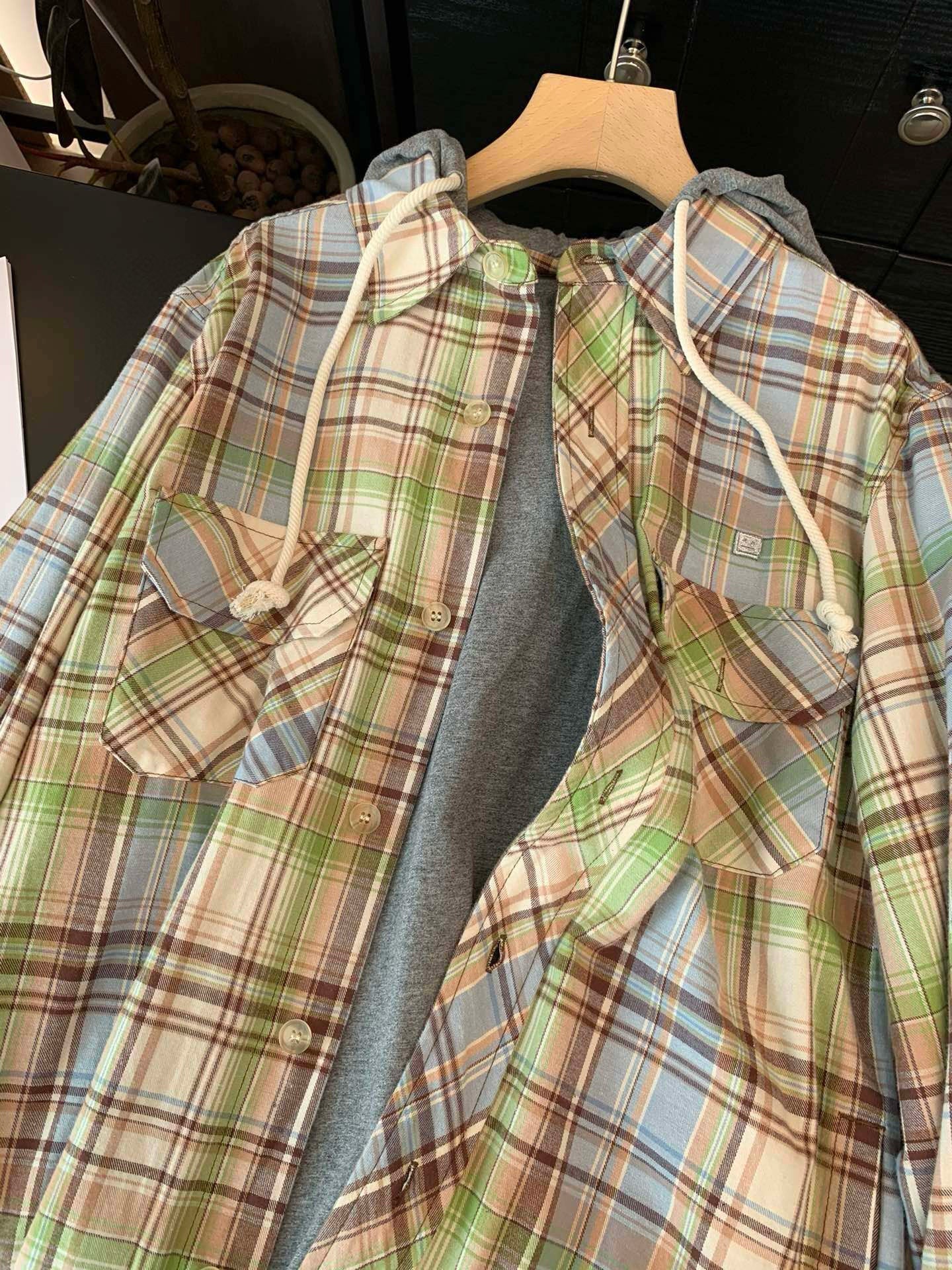 Check knitted hooded shirt jacket