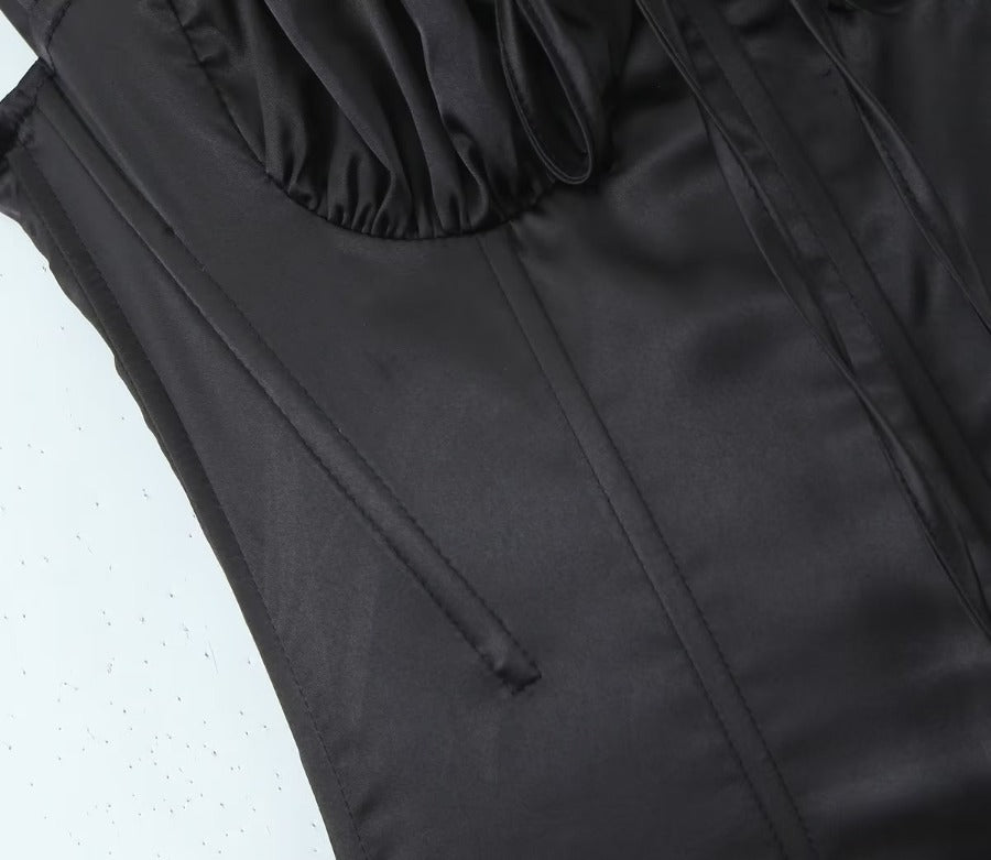 European and American black satin pleated fishbone slim-fitting high-end top