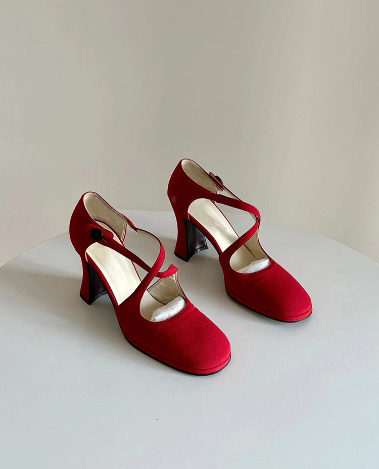 Red round toe cross-strap Roman high heels