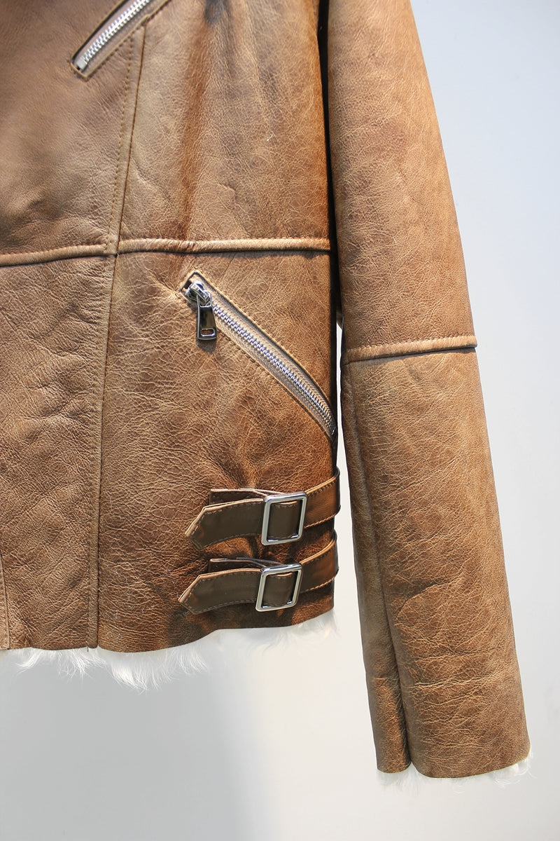 Soft small lake sheep fur all-in-one slim and stylish motorcycle jacket