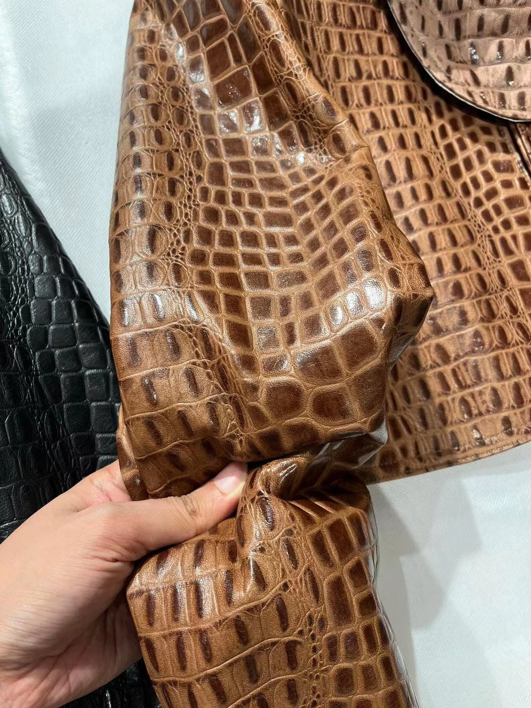 Crocodile print sheepskin leather biker jacket