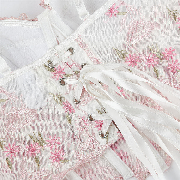 Embroidered flower mesh fishbone camisole