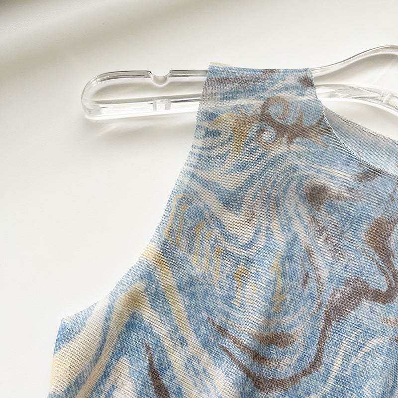 Hot Girl Pure Desire Blue Marble Stripe Print Top