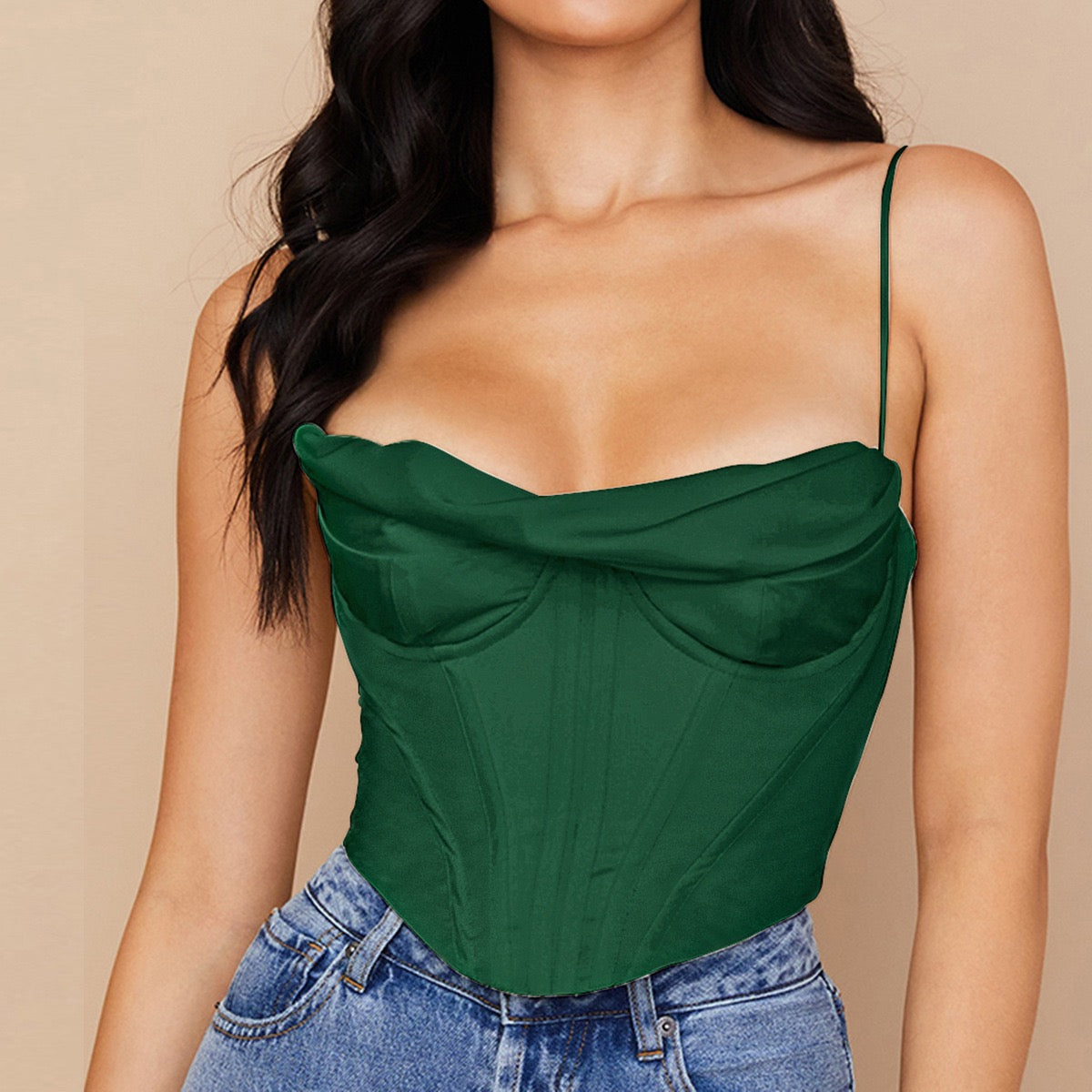 Satin herringbone corset top with pleated design