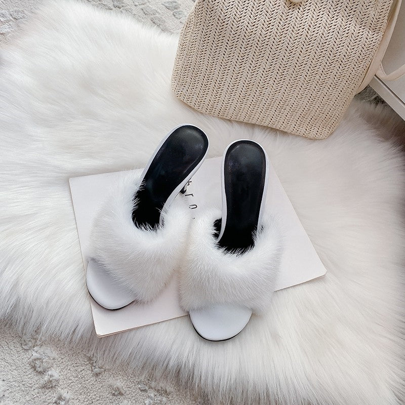 Mink fur open toe slippers fish mouth genuine leather party sandals