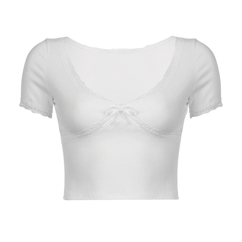 V-neck lace stitching bow short T-shirt