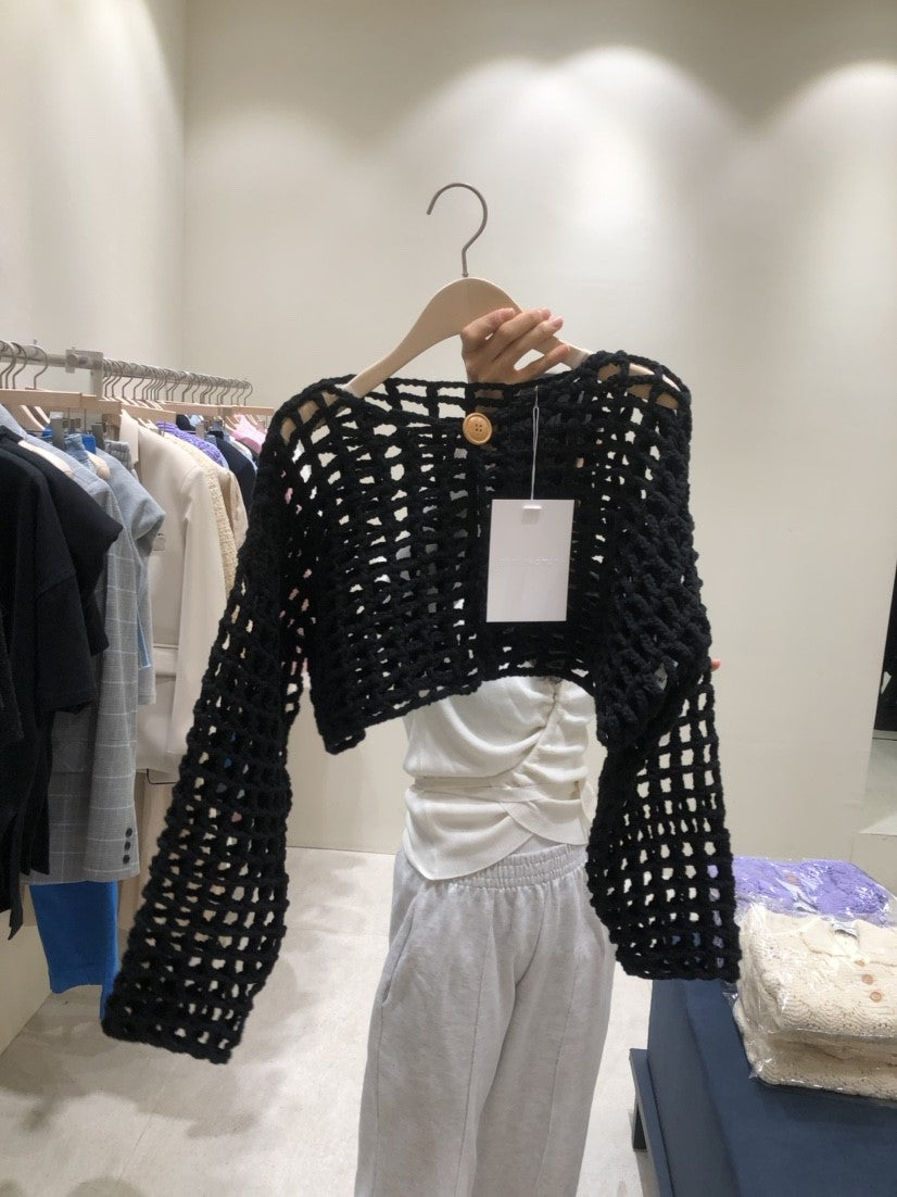 Cropped long-sleeved openwork knitted cardigan