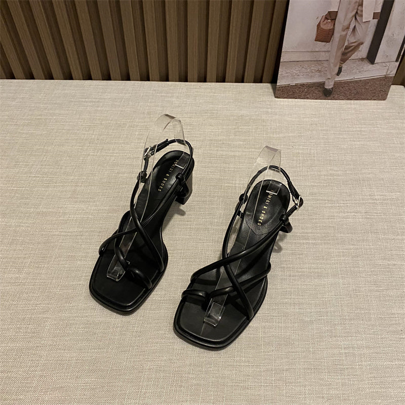 Fairy style square toe thin strap Roman shoes