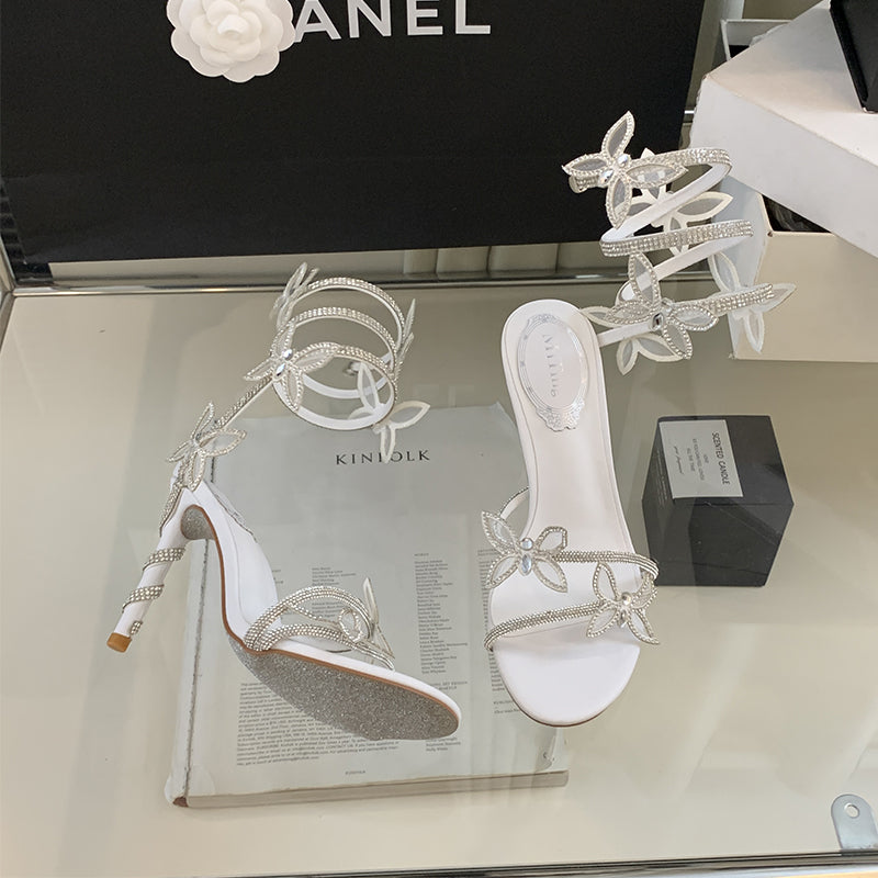 Butterfly rhinestone strappy open-toe Roman shoes