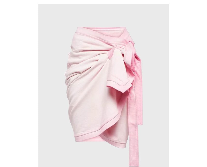 Pink knotted high-waisted skirt, slimming pleated pleated pleated waist-covering hip skirt