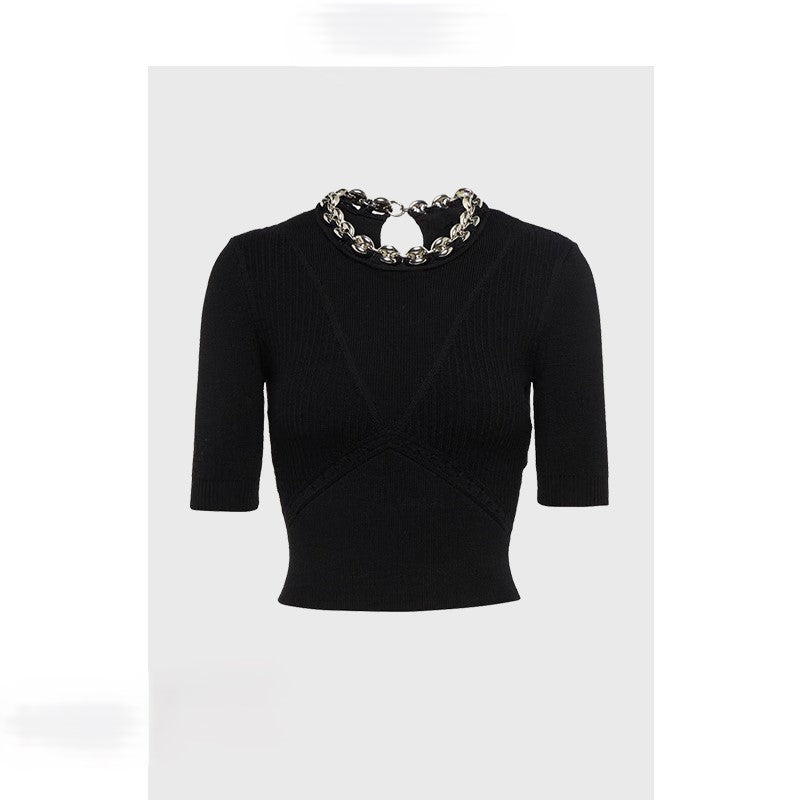 Black sweater short style stitching chain design