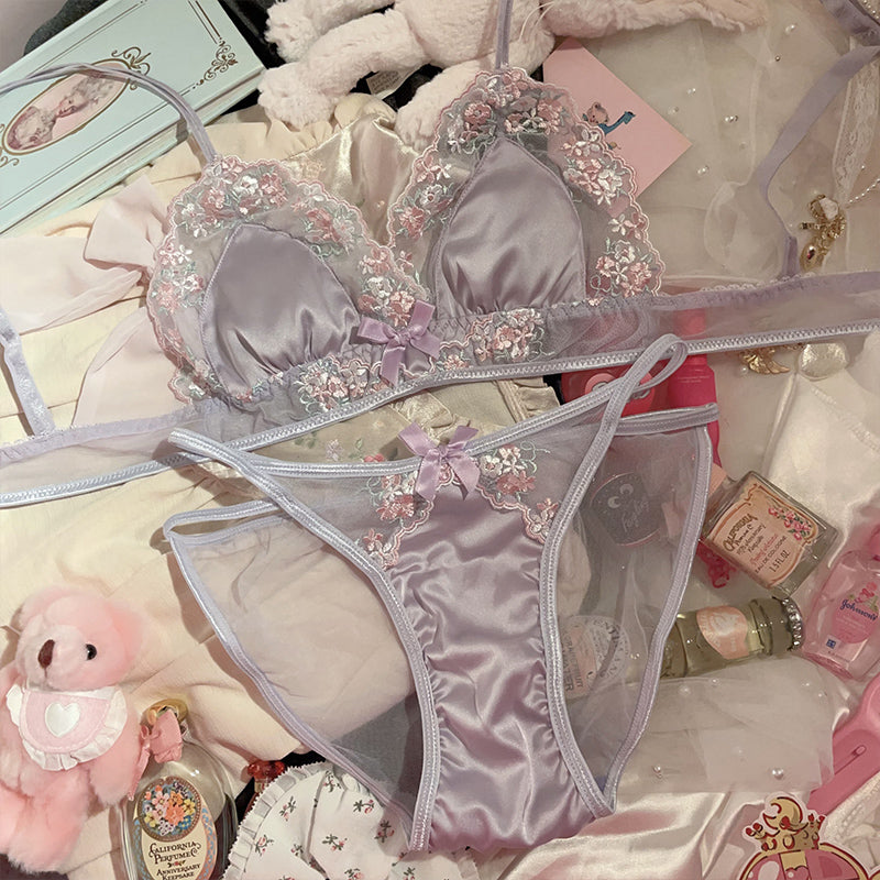 Purple embroidered light luxury silk sexy pure lust lace bra set