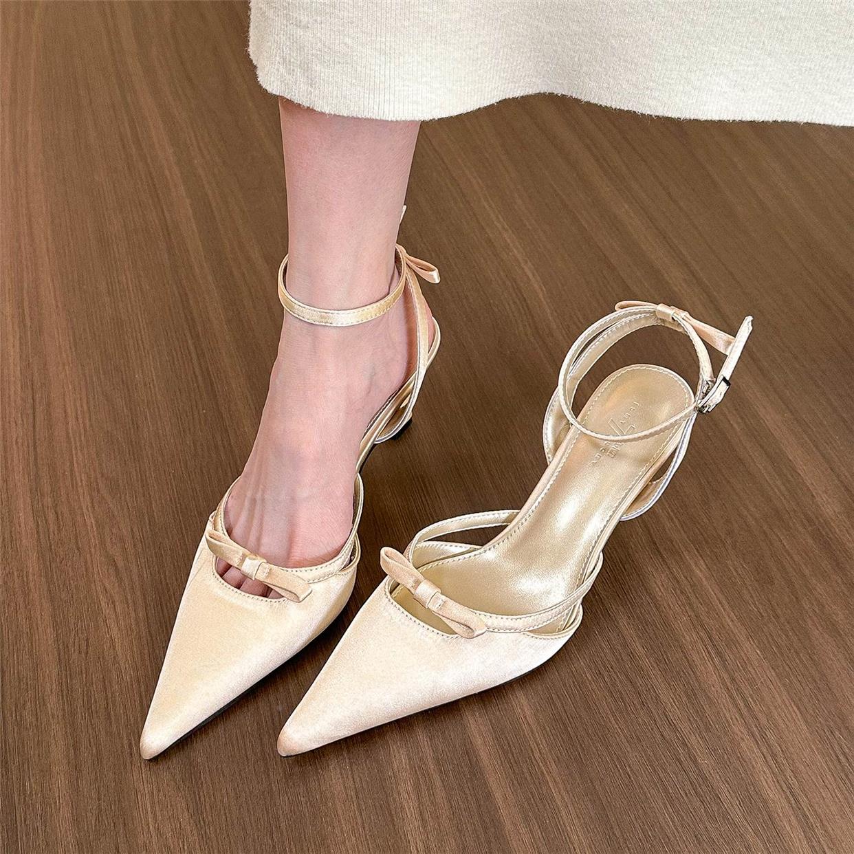 Pointed toe bow buckle strap stiletto high heel sandals