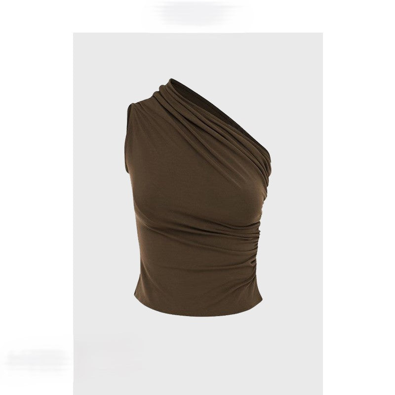 Off-shoulder pleated vest with a unique asymmetrical design