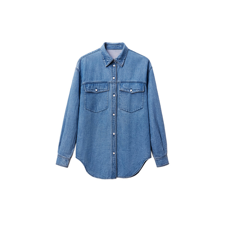 Light washed linen peak collar denim shirt