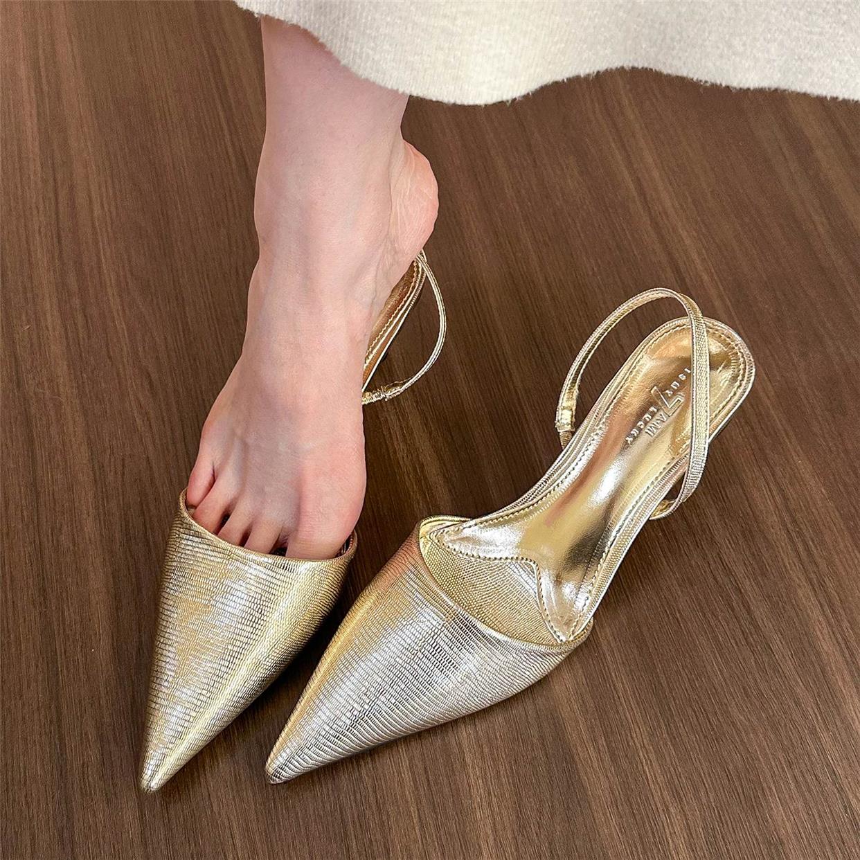 Golden pointed toe shallow back high heels