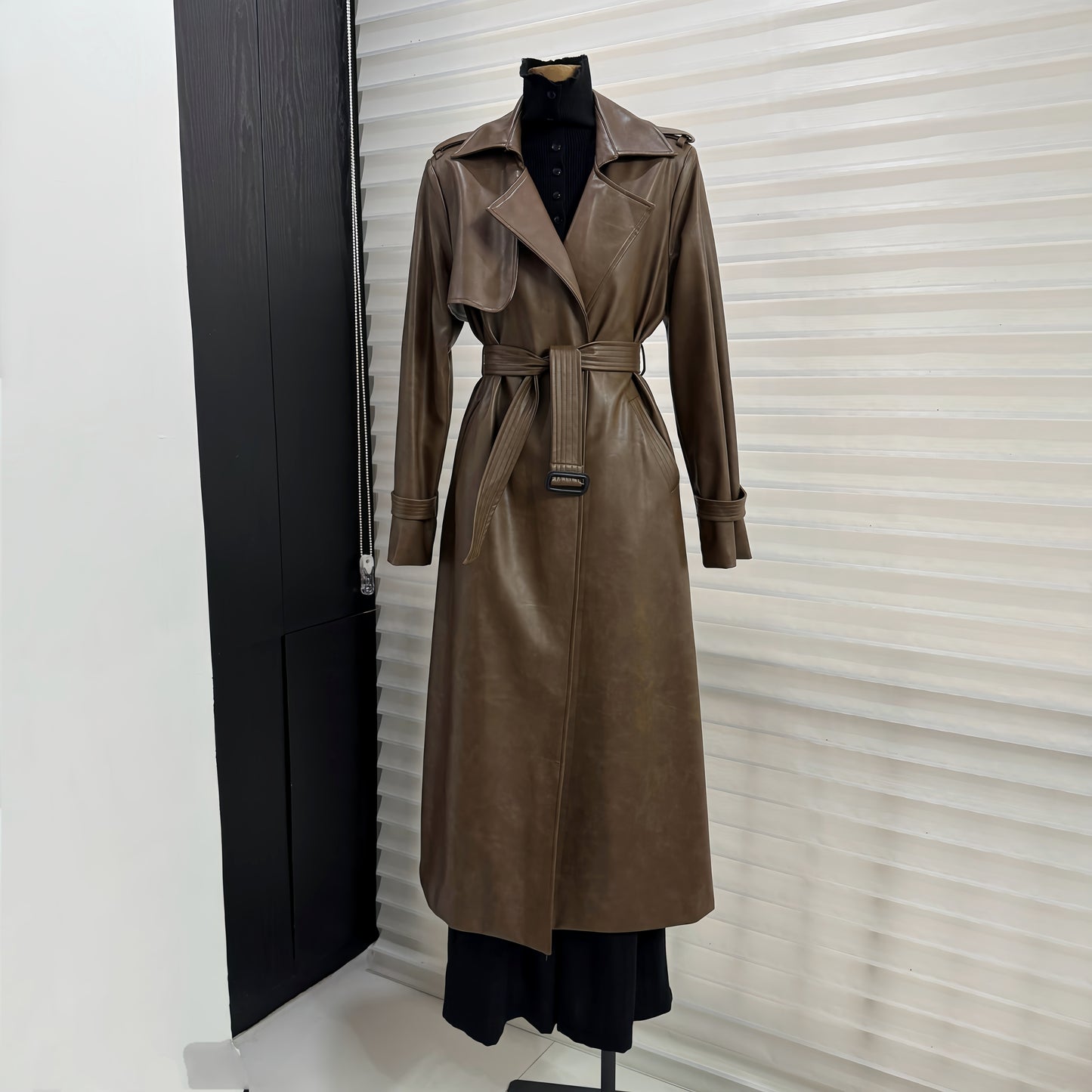 PU leather coat suit collar double breasted coat