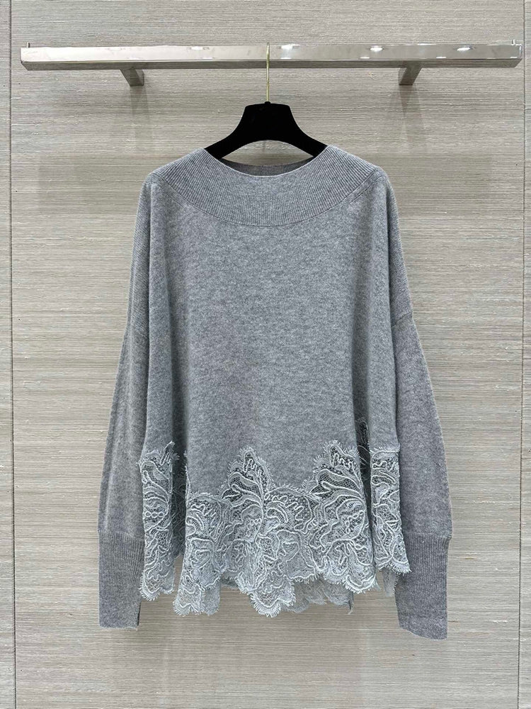 Crew neck lace appliqué cashmere sweater