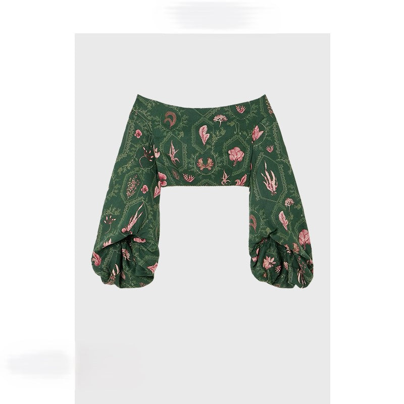 Short green floral one-shoulder top