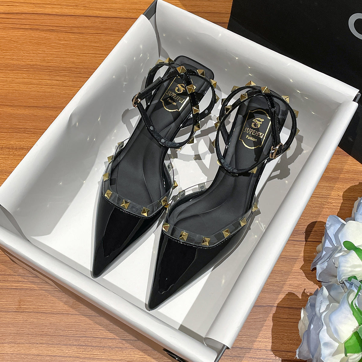 Studded stiletto elegant pointed toe transparent French patent leather high heels